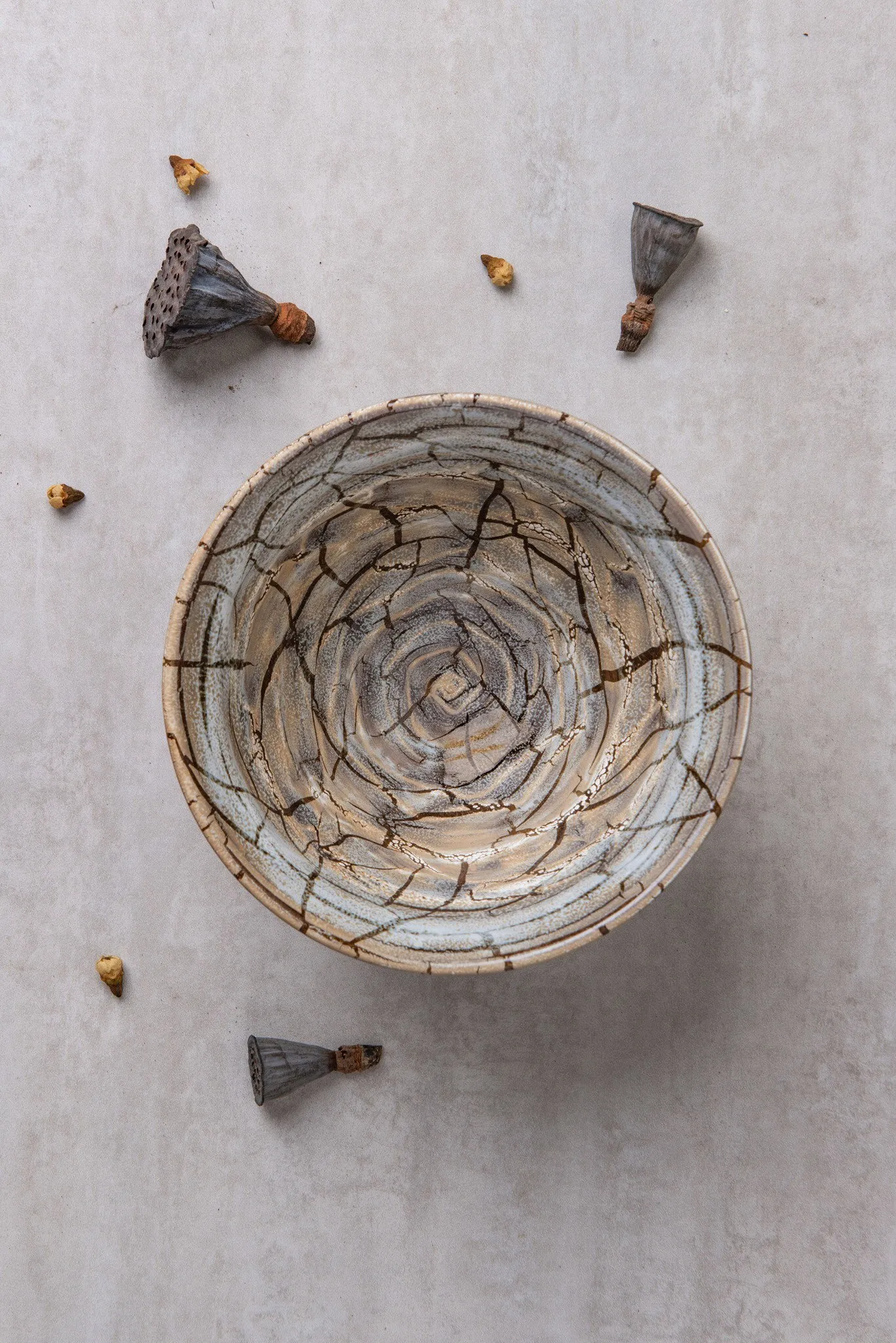 A shallow bowl with a spiral crackle pattern, surrounded by dried lotus seed pods
