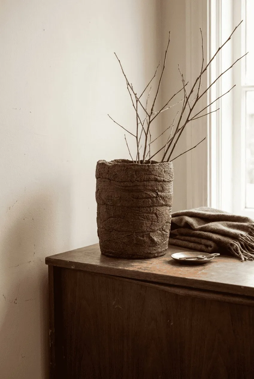 A rough-textured vessel with bare twigs on a wooden sideboard by a window